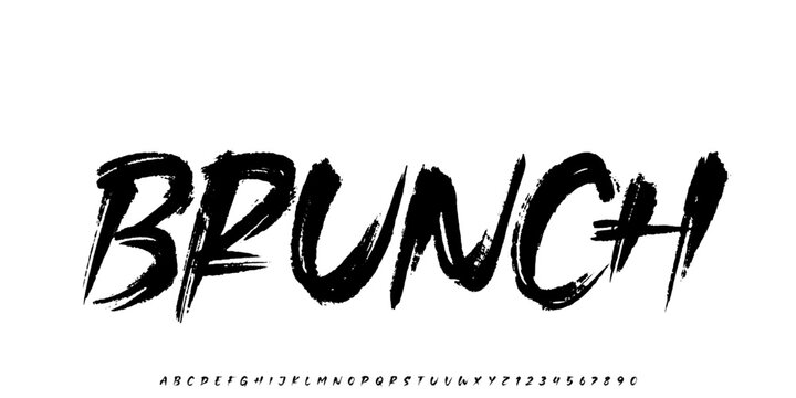 Brunch font. Lettering font isolated on background. Texture alphabet in street art and graffiti style. Grunge and dirty effect. Vector brush letters.