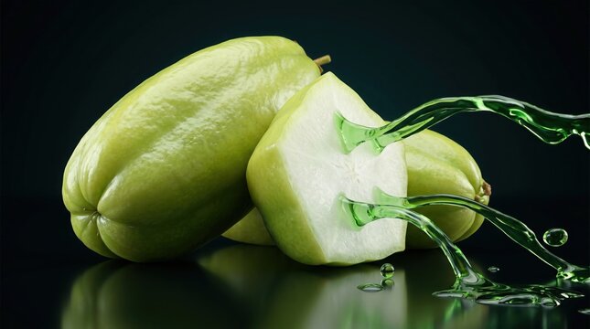 Fresh bilimbi fruit with green juice splash on dark background
