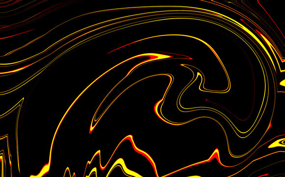 Vibrant yellow and orange swirling lines on a black background abstract design