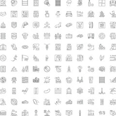 Fototapeta premium Set of numerous outline symbols representing a wide range of themes, including health, technology, nature, food, finance, travel, and everyday objects, all isolated on a white background