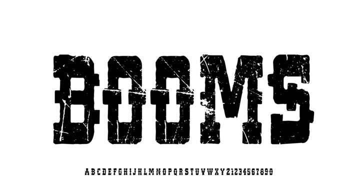 Booms Grunge Font, Uppercase 
Heavy distressed grunge font with rough texture, perfect for hardcore music, band posters, and underground design. vector illustration 