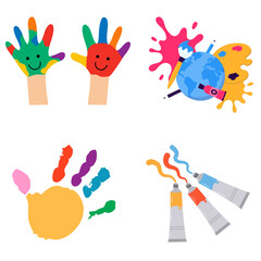 Fototapeta premium Colorful children handprints art palette and creative paint splatters set