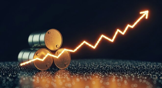 Rising oil prices concept with glowing upward arrow, metallic crude oil barrels on dark background, global energy market growth and fuel inflation