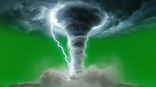 Dramatic storm tornado with flashing lightning bolts isolated on green screen for special effects editing