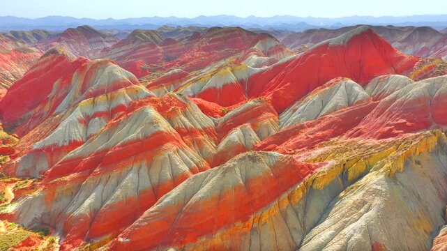 Colorful striped Danxia landform aerial shot, Zhangye National Geopark China