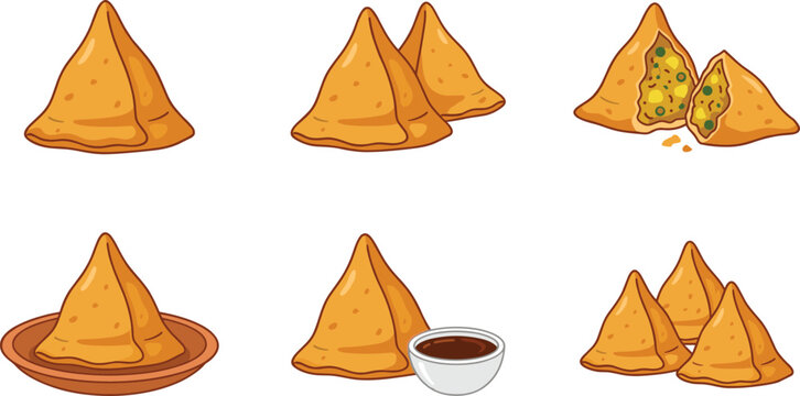 Indian samosa vector illustration set featuring crispy fried triangular pastry snacks served with chutney sauce broken open showing potato pea filling inside.