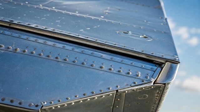 Extreme close-up of a metal aircraft aileron with rivets and painted surface.