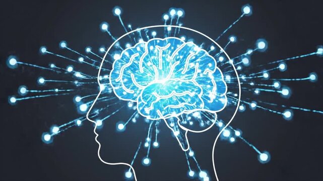 A glowing blue brain with neural connections emanates from a human head in profile on a dark background with lines and dots.