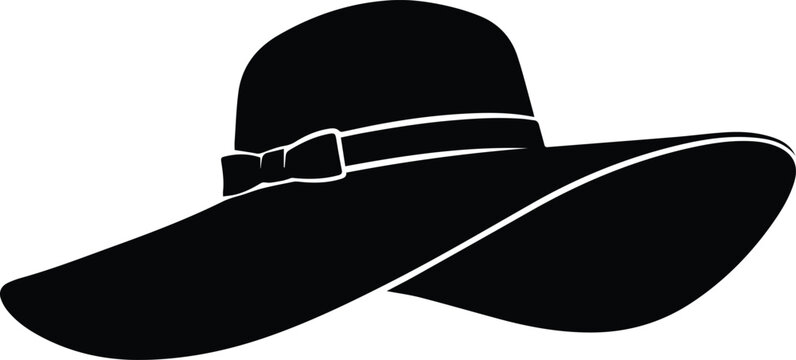 Elegant black sun hat vector, stylish wide-brimmed floppy hat with bow, classic fashion accessory for summer and travel isolated on White Background