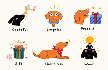 Fototapeta premium Cute hand-drawn dog illustrations set, funny pets with gifts and food