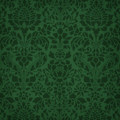 Luxury emerald green damask pattern with ornate floral motifs and rich texture. Seamless vintage background ideal for wallpaper, textiles, branding and elegant decor. © MedReda