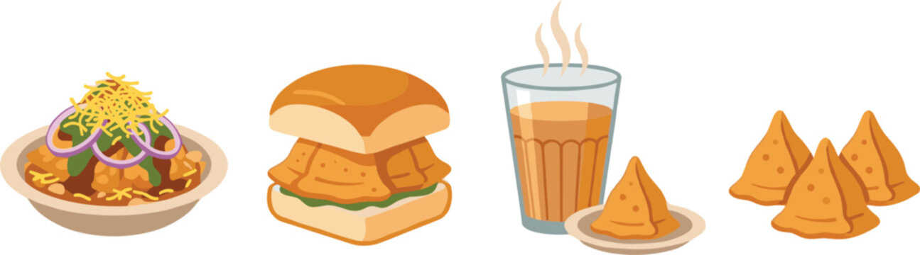 Indian street food vector illustration set featuring popular snacks like dahi puri chaat vada pav burger hot cutting chai tea and crispy fried samosas.