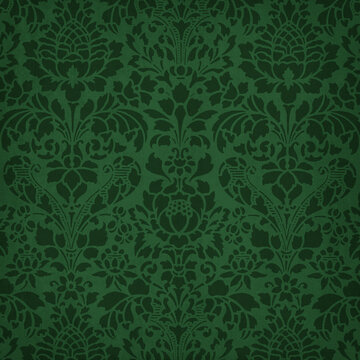 Luxury emerald green damask pattern with ornate floral motifs and rich texture. Seamless vintage background ideal for wallpaper, textiles, branding and elegant decor.