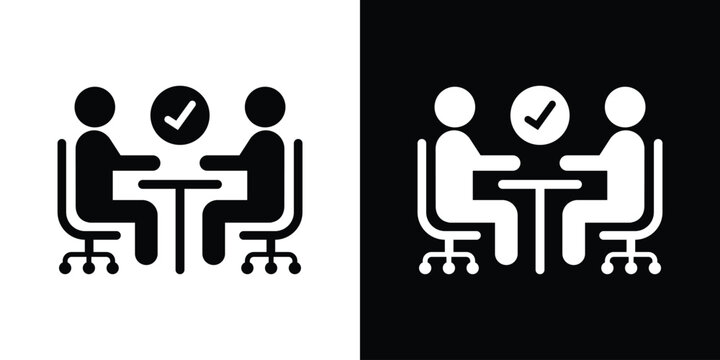 Business interview icon set showing two people sitting at a table with a checkmark symbol in black and white styles.
