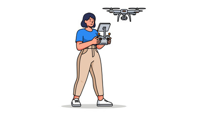 Drone Operation: A woman stands holding a controller and tablet, piloting a drone in flight. This scene illustrates modern technology and remote operation. © abidakhatun
