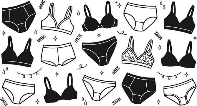 Women underwear and lingerie doodle vector illustration set featuring black and white lace bras panties briefs and bralettes isolated on white background.