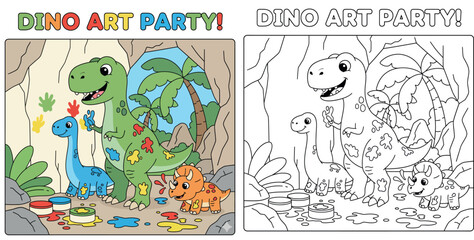 Cute Cartoon Dinosaurs T-Rex Triceratops Having an Art Party Finger Painting in a Cave with Colorful Paint Splats and Palm Trees © Dewan