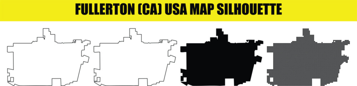 Fullerton california usa map silhouette black and white vector graphic illustration for geography design projects.