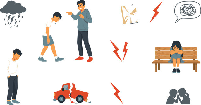 School Bullying and Childhood Depression Vector Set with Aggressive Aggressor Angry Behavior Lonely Sad Children and Broken Toy Elements for Concept Designs
