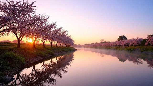 A scenic river scene features blooming cherry trees and their reflections at sunrise
