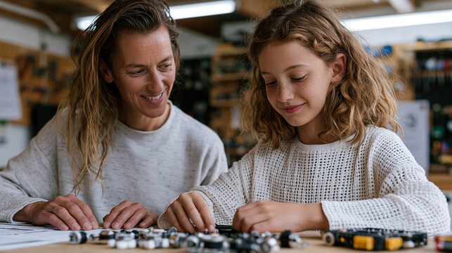 Parent and child assembling a robotics STEM kit on a garage workbench, motor components and sensor modules spread across the surface, over the shoulder framing showing assembly