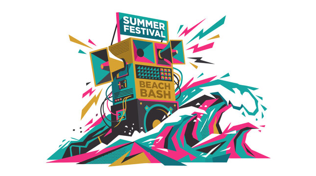 Summer Festival Beach Bash Vector Illustration with Speakers and Waves