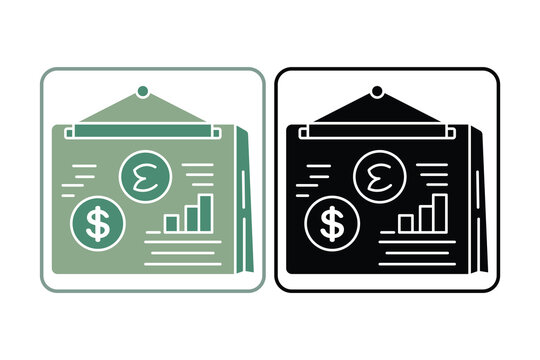Financial Dashboard Icon. Solid icon style. Hanging presentation board showing market analytics, data statistics, bar charts, and currency growth