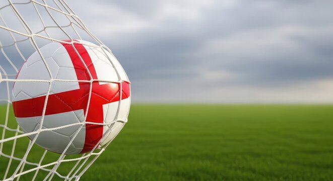 England football team goal with soccer ball in net on green field