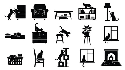 Black cat silhouette icons set, domestic feline behavior in home interior vector, 15 pet life scenes with furniture and house plants © AjmiraKhatun