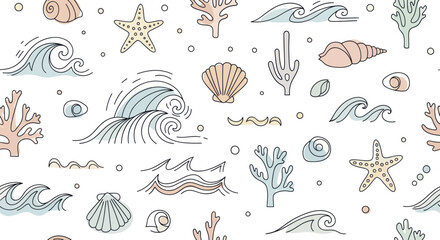Hand Drawn Ocean Sea Life Seamless Pattern. © Baru