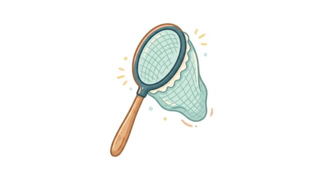 Illustrated butterfly net with wooden handle on white background