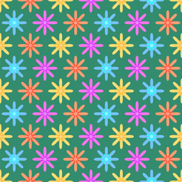 Seamless pattern with colorful flowers on green background, vector illustration.
