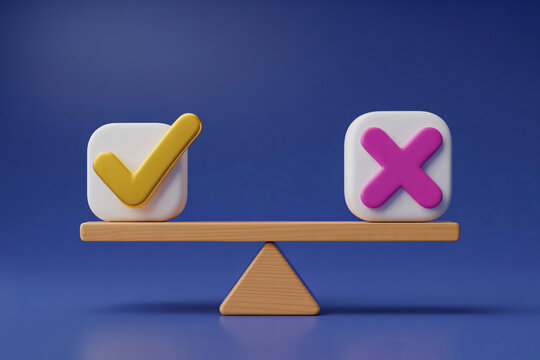 A balance scale seesaw featuring a yellow checkmark and a pink crossmark for choice evaluation on a blue background