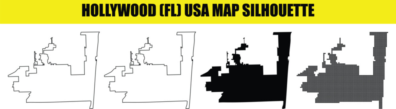 Hollywood florida usa map silhouette outline vector. florida city map isolated on background. flat and pixelated design.
