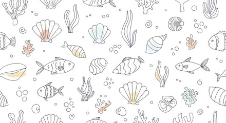 Hand Drawn Underwater Sea Life Doodle Pattern. © Baru