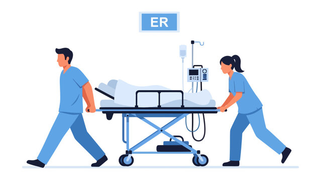 Emergency Room Rush: Two medical professionals urgently transport a patient on a gurney towards the ER, highlighting the critical nature of emergency medical care.