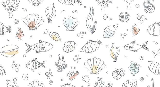 Hand Drawn Underwater Sea Life Doodle Pattern.