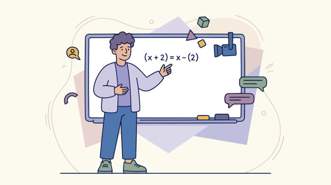 A young teacher explains algebra while teaching online with a whiteboard and computer