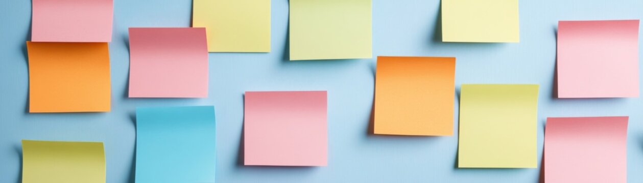 Abstract pattern of multi-colored blank sticky notes (pink, orange, blue, yellow) unevenly affixed to a pale blue wall, conveying concepts, planning and reminders., Productivity