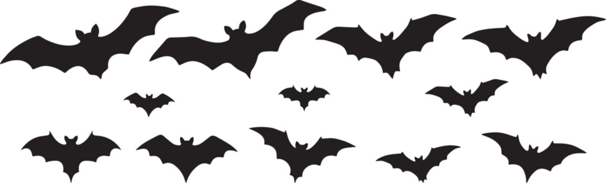 Flying bat silhouette collection vector illustration, Halloween bat set isolated on white background, spooky nocturnal wildlife design elements