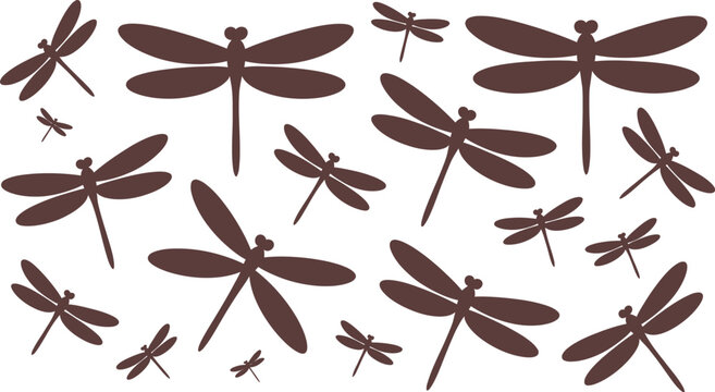 Set of brown dragonfly silhouettes flying in various sizes isolated on a white background perfect for summer pattern designs.