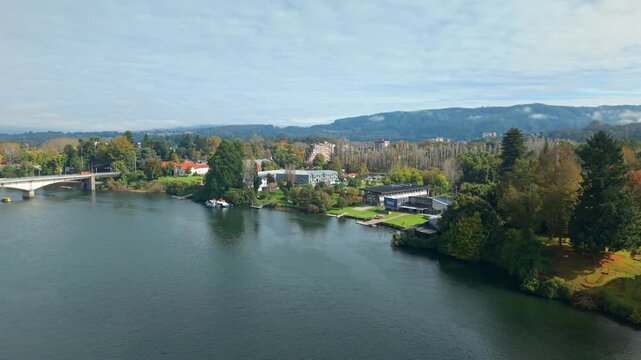 Panoramic aerial view of Teja Island and the University of Southern Chile campus on a sunny day