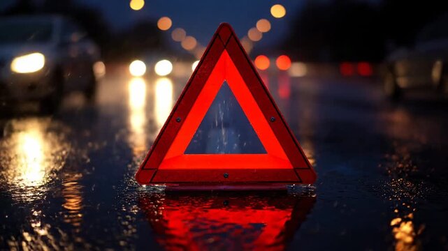 A red warning triangle on a wet road at night with blurred lights