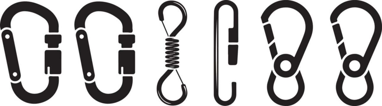 Set of climbing carabiners and safety snap hooks in various shapes including oval screw gate and spring loaded hardware silhouettes.