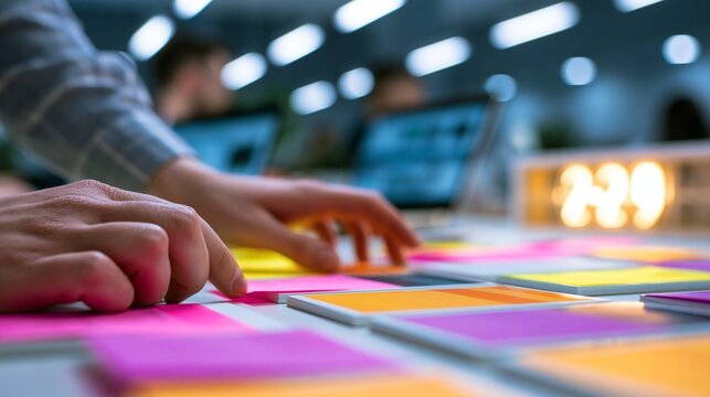 Macro shot of focused hands moving vibrant Kanban cards in an agile office with blurred laptops and a softly glowing clock showing 229 illuminated by crisp overhead lighting.