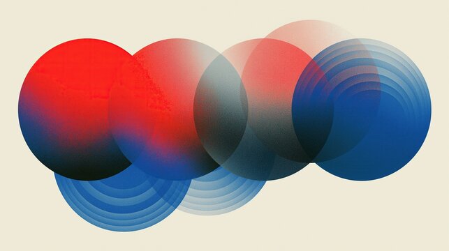 Modern abstract contemporary art with overlapping transparent gradient red and blue concentric circles on textured light beige background