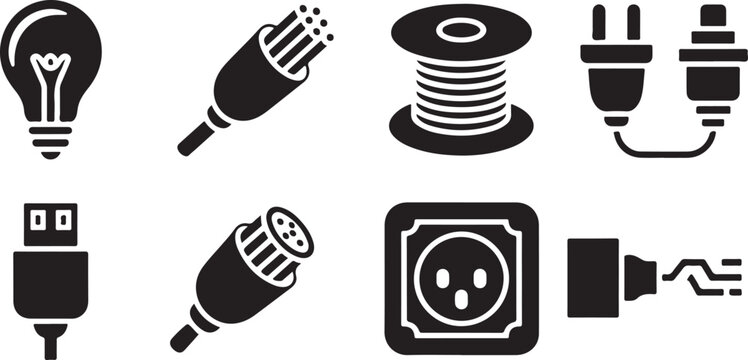 Set of electrical components including light bulb USB plug socket wire spool and power connector icons.