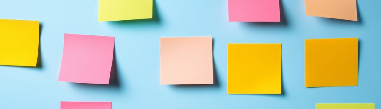 Clean, blank yellow, pink and peach sticky notes scattered on a bright blue background, perfect for capturing ideas, reminders and planning.,productivity,brainstorming
