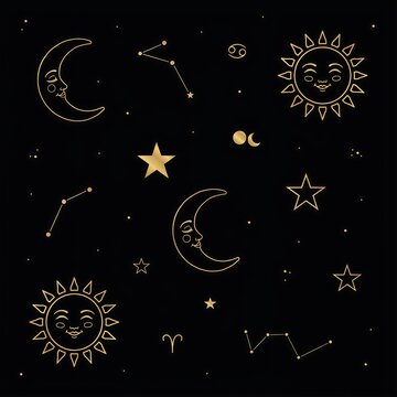 Golden celestial illustrations of suns moons stars and constellations on a black background