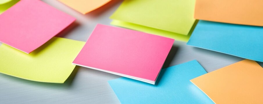 Close-up of vibrant pink, green, blue, orange sticky notes scattered on a light desk, symbolizing brainstorming, planning and important reminders. ,productivity